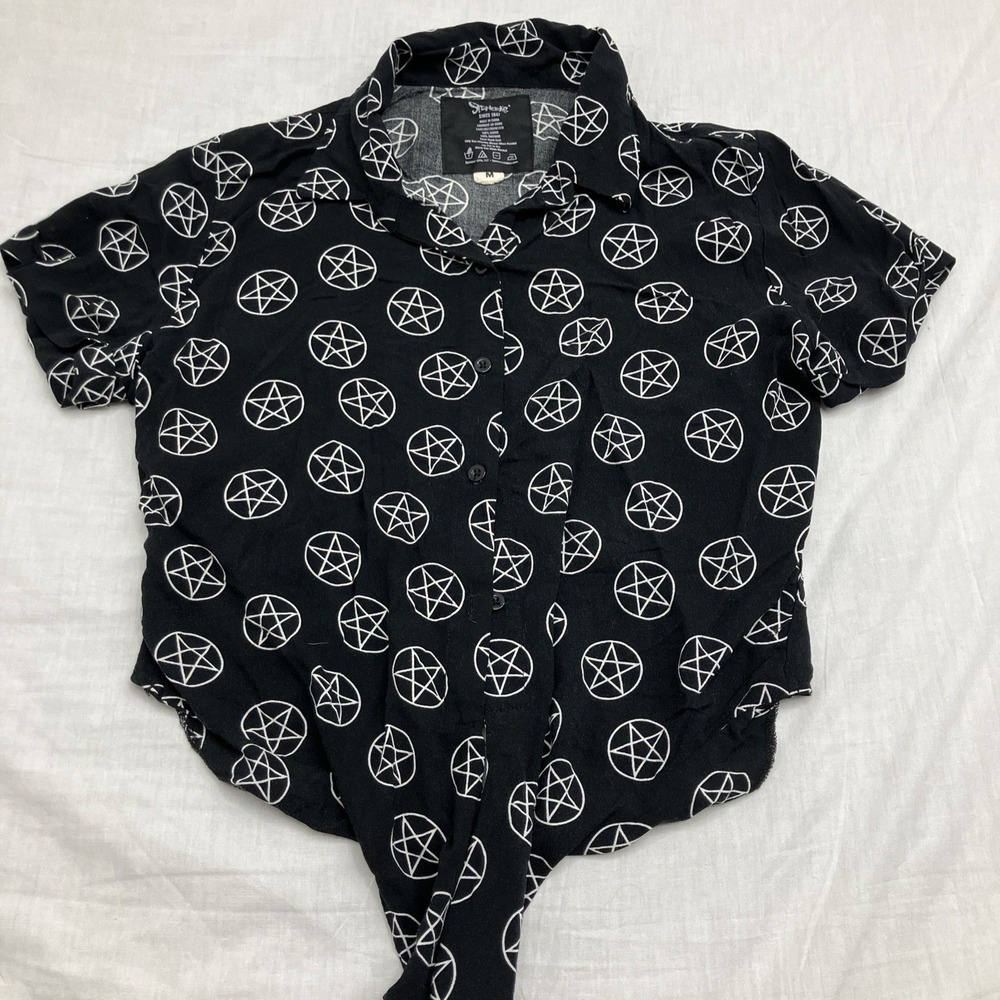 Hot Topic Womens Button Down Black Crop Short Cap Sleeve Collar Knot Size M